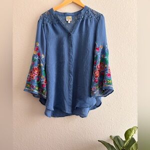 Fig and Flower Blue Blouse with Floral Embroidery